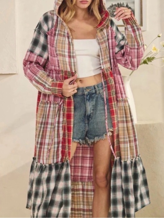 Oli & Hali Jackets & Blazers - Oli & Hali Plaid Patchwork Tie Front Hooded Duster in Pink, Tan & Green New Sz S